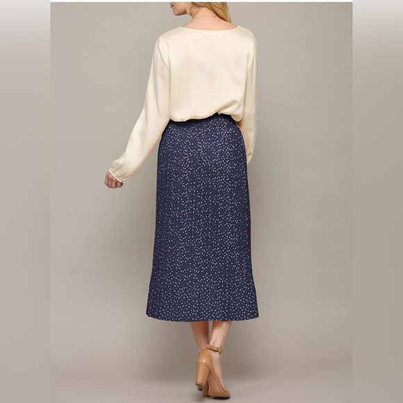 High Waist Polka Dot Pleated Midi Swing Skirt with Pockets -navy - Picture 3 of 6